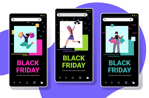 set mix race women in masks holding shopping bags black friday big sale promotion discount coronavirus quarantine concept smartphone screens collection full length vector illustration