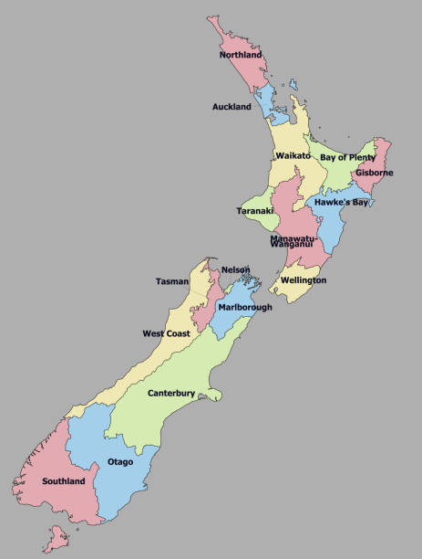 bardzo szczegółowa polityczna mapa nowej zelandii - marlborough region stock illustrations