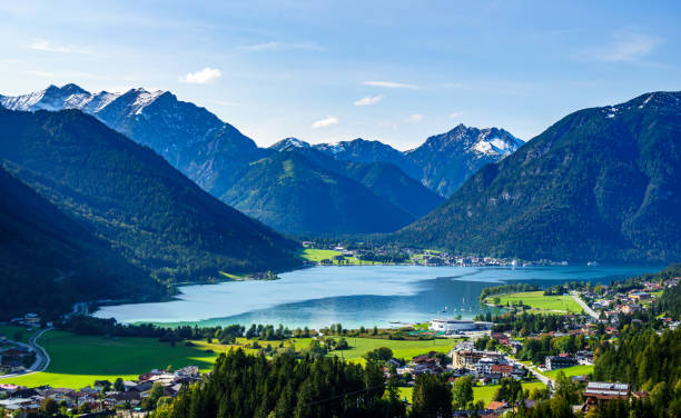 landscape at the achensee lake in austria - dirtroad imagens e fotografias de stock