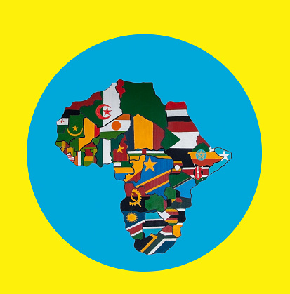 Graphical representation flags of African countries in the continent shape with blue yellow background