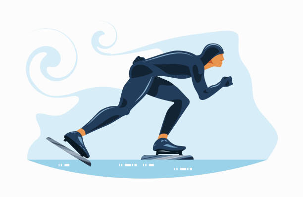 illustrazioni stock, clip art, cartoni animati e icone di tendenza di pattinaggio di velocità in short track. un atleta muscoloso supera la distanza sui pattini. - sport winter speed skating speed