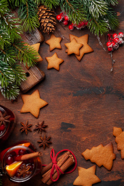 istock Christmas greeting card with cookies and mulled wine 1281022104