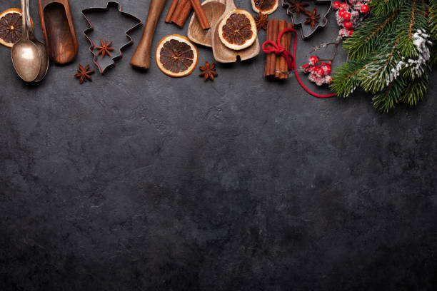 istock Christmas greeting card with kitchen utensils and ingredients 1281022491