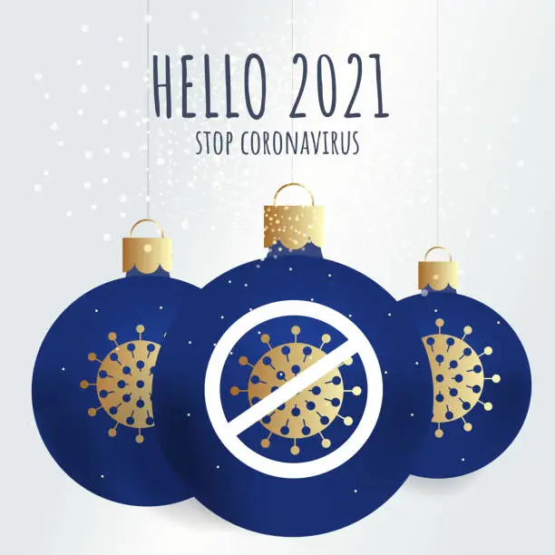 Vector illustration of Hello, 2021. The concept of a new year's card in a square format. Hope in stop the virus. Christmas and New year. Blue Christmas balloons with the coronavirus symbol. You can use it for print, social media, and the Internet. Elegant poster