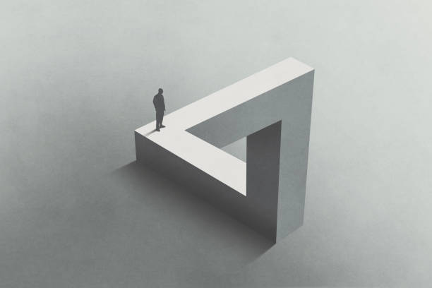 ilustración del hombre caminando sobre el triángulo de penrose, concepto surrealista - imagen minimalista fotos fotografías e imágenes de stock