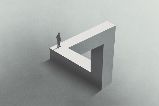 Illustration of man walking on Penrose triangle, surreal concept