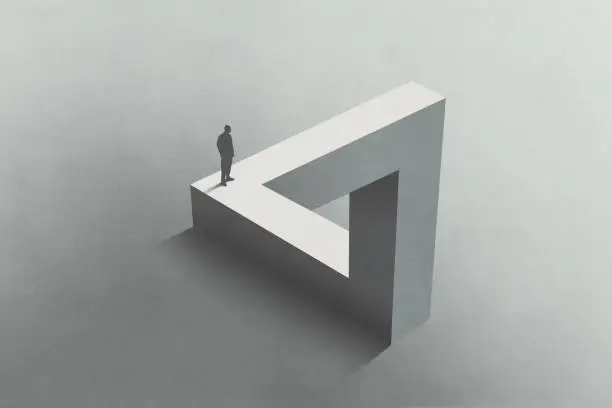 Photo of Illustration of man walking on Penrose triangle, surreal concept