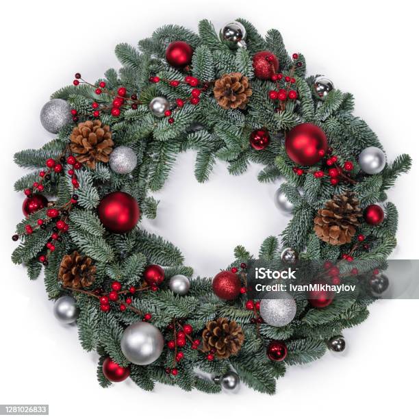 Christmas Fir Wreath Isolated Stock Photo - Download Image Now - Wreath, Christmas, Cut Out