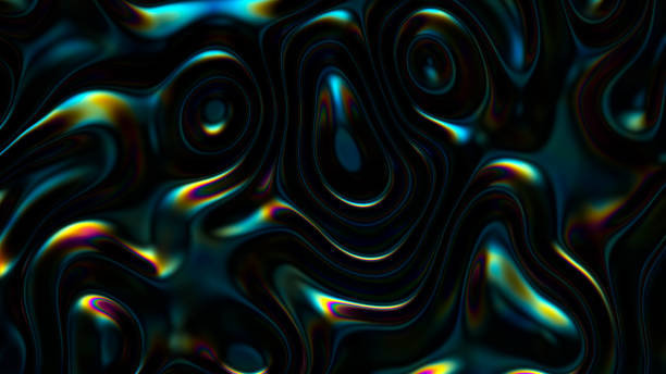 istock 3D Abstract iridescent wavy background. Vibrant liquid reflection surface. Neon holographic fluid distortion repeating pattern. Trendy smooth surface interference. 1281028260