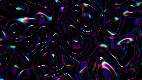 3D Abstract iridescent wavy background. Vibrant liquid reflection surface. Neon holographic fluid distortion repeating pattern. Trendy smooth surface interference