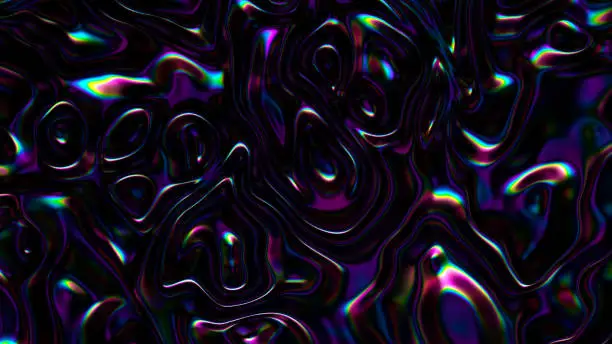 Photo of 3D Abstract iridescent wavy background. Vibrant liquid reflection surface. Neon holographic fluid distortion repeating pattern. Trendy smooth surface interference.