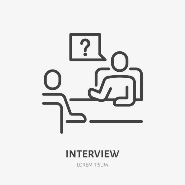 ilustraciones, imágenes clip art, dibujos animados e iconos de stock de icono de línea plana de entrevista de trabajo. ilustración vectorial de conversación de persona de negocios. signo delgado de jefe interrogando empleado, pictograma de reunión de carrera - interview