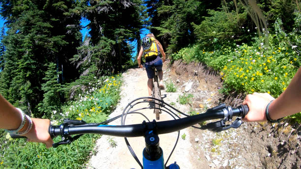 istock Female mountain bikers ride up sunny bicycle trail 1281029607