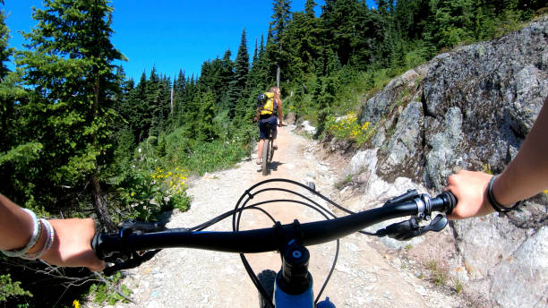 istock Female mountain bikers ride up sunny bicycle trail 1281029640