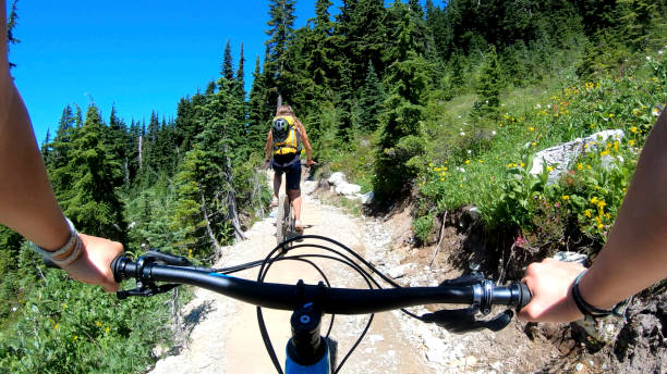 istock Female mountain bikers ride up sunny bicycle trail 1281029702