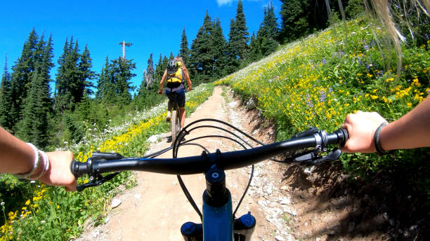 Female mountain bikers ride up sunny bicycle trail