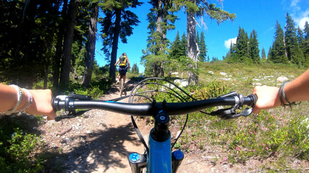 istock Female mountain bikers ride up sunny bicycle trail 1281030344