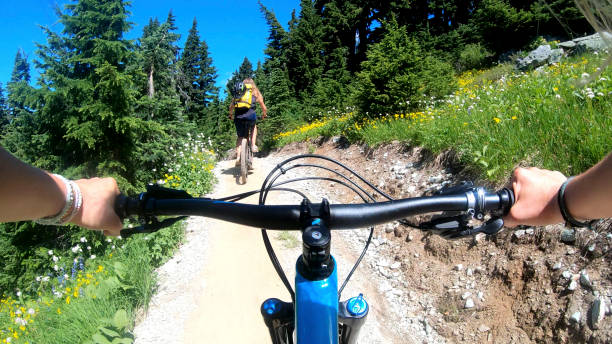 istock Female mountain bikers ride up sunny bicycle trail 1281030442