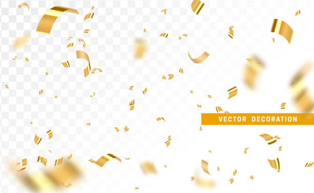 透明な背景に隔離された光沢のある金色の紙吹雪を落ちる。ゴールドカラーの明るいお祝いのティンセル。 - confetti点のイラスト素材／クリップアート素材／マンガ素材／アイコン素材