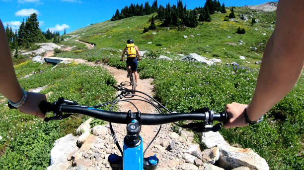 istock Female mountain bikers ride up sunny bicycle trail 1281032128