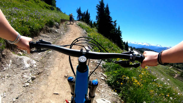 istock Female mountain bikers ride up sunny bicycle trail 1281032336