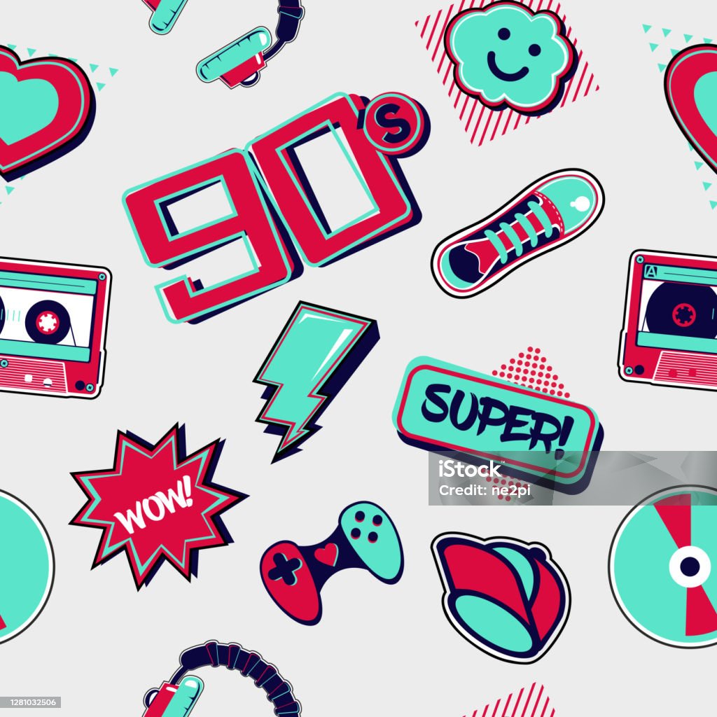 90s Style Seamless Pattern Funky Style Drawing Retro Music Background  Cartoon Vector Texture Party Backdrop Stock Illustration - Download Image  Now - iStock