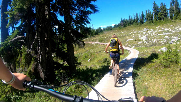 istock Female mountain bikers ride up sunny boardwalk 1281032593