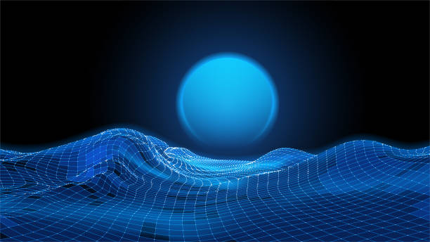 istock Abstract digital landscape with particles dots and stars on horizon. Wireframe landscape background. Big Data. 3d futuristic vector illustration. 80s Retro Sci-Fi Background 1281032723