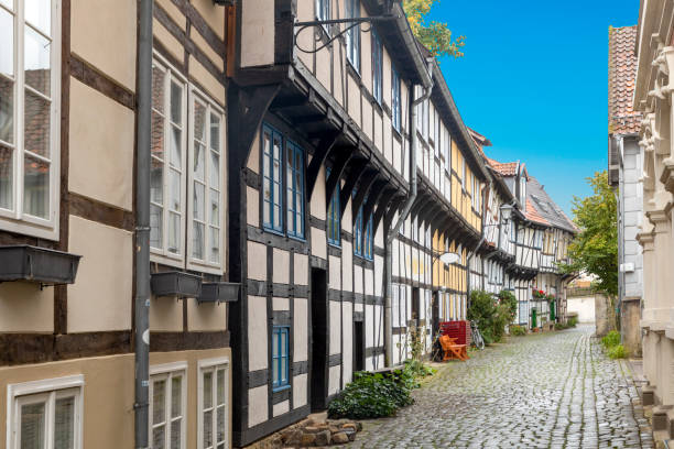scenic old half timbered houses in the town of Detmold at Adolfs street  in Germany scenic old half timbered houses in the town of Detmold at Adolfs street  in Germany. detmold stock pictures, royalty-free photos & images