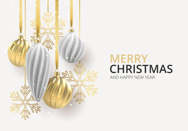 흰색과 금의 크리스마스 트리 장난감, 흰색 수평 배경에 나선형 공과 눈송이와 크리스마스 배경, 비문 크리스마스와 크리스마스 배경. 벡터 그림입니다. - natal stock illustrations