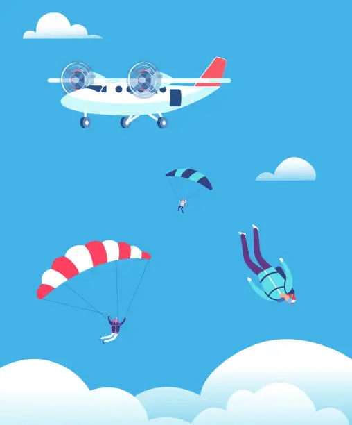 Vector illustration of Skydiving concept. Parachutists jumping out of plane in blue sky. People skydivers vector illustration