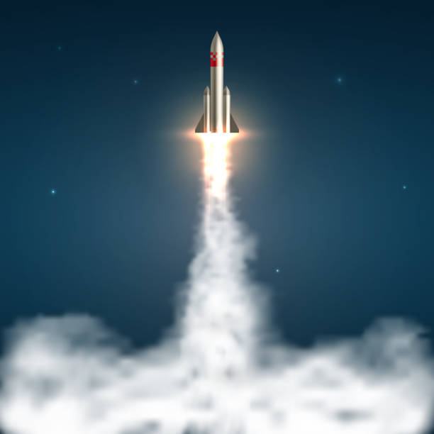 istock Space rocket launch. Spaceship take off with fire and jet smoky trail. Space travel and start up isolated vector illustration 1281034032