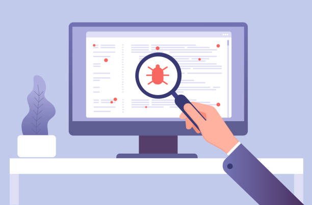 Computer virus concept. Hand with magnifying glass testing software. Bug virus icon on computer screen. Vector illustration Computer virus concept. Hand with magnifying glass testing software. Bug virus icon on computer screen. Vector illustration. Search bug and virus, magnifier glass in hand debug stock illustrations