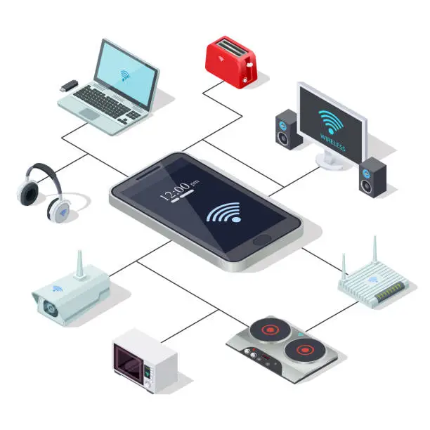 Vector illustration of Home appliances management via smartphone - smart home isometric concept design