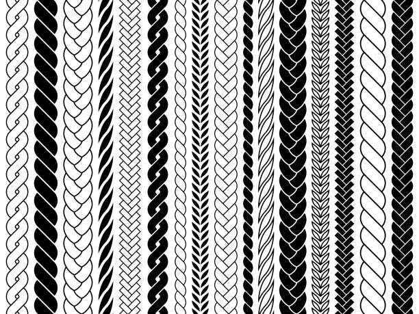 ilustraciones, imágenes clip art, dibujos animados e iconos de stock de cepillos de patrón de trenzas y trenzas. tejido, cuerdas trenzadas vector colección aislada - braided
