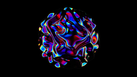 3D Abstract iridescent wavy sphere black background. Vibrant liquid reflection distorted ball. Neon holographic fluid distortion orb. Trendy smooth surface interference