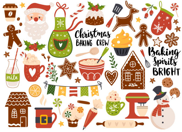 Christmas baking. Christmas baking, Set of festive gingerbread cookies and holiday drinks. Vector illustration. Perfect for sticker kit, scrapbooking, greeting card, party invitation, poster, tags christmas cookies stock illustrations