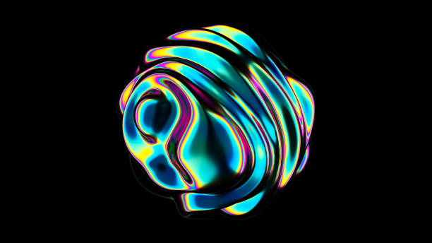 3d abstract iridescente wavy sphere black background. reflexo líquido vibrante distorceu a bola. orbe de distorção de fluido holográfico neon. interferência de superfície lisa na moda. - liquid plasma water abstract - fotografias e filmes do acervo