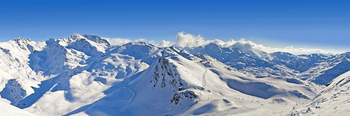 Panorama of the French Alps mountain in winter, with snow and blue sky