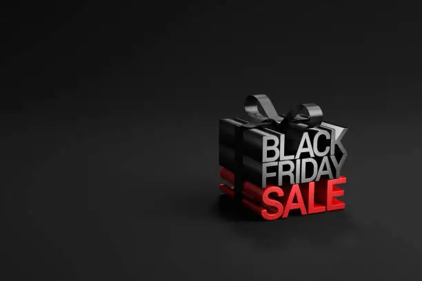 Black friday sale in gift box wrapped with red ribbon on black background, idea and creative, copy space. 3d render.