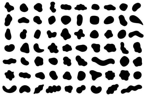 Vector illustration of Random shapes. Organic black blobs of irregular shape. Abstract blotch, inkblot and pebble silhouettes, liquid amorphous splodge elements water forms minimal bubble stone vector set