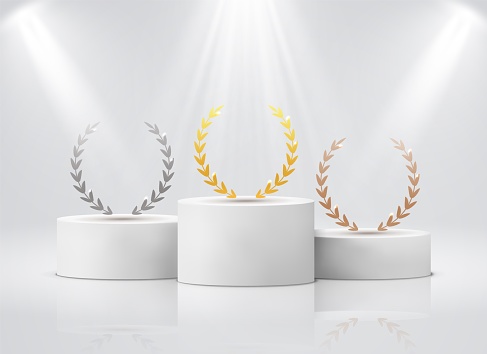 Winner pedestal with laurel. White cylinder podium under spotlights realistic mockup. Gold silver bronze leaf round wreath on stages, first second third place award ceremony vector 3d concept on white