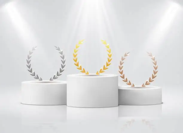 Vector illustration of Winner pedestal with laurel. White cylinder podiums under spotlights realistic mockup. Gold silver bronze leaf round wreath on stages, first second third place award ceremony vector concept