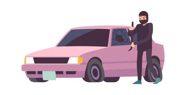Vector illustration of Car theft. Robbery banditry looting, take apart car, crime damage, destruction of another property, burglar remove wheels from vehicle, breaking into auto vector insurance flat concept