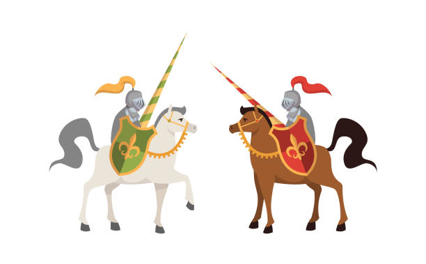 두 중세 기사. 방패 전투, 명예 개념, 전통적인 군사 의상 플랫 벡터 사람에 어린이 책 판타지 캐릭터에 대한 그림과 갑옷에 말에 잔인한 전사 - mounted guard stock illustrations
