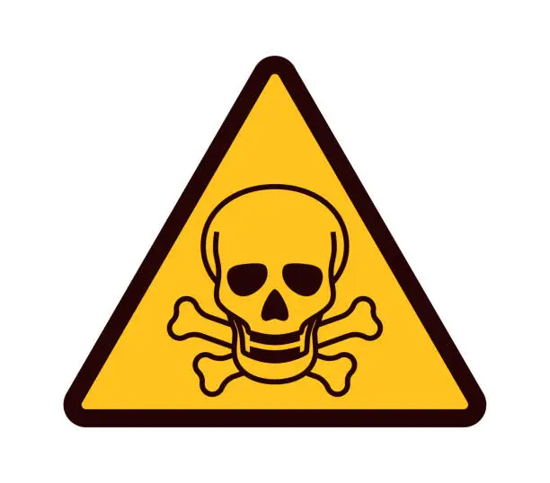 Vector illustration of Warning sign with skull. Yellow triangle with black attention symbol, dangerous area emblem, pollution industrial zone pictogram, beware hazards flat vector isolated illustration