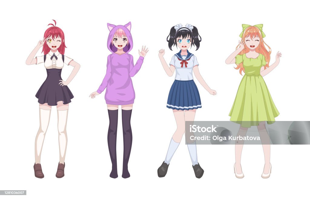 Ilustración de Chicas Anime Manga Estilo Japonés Hermosas Mujeres Jóvenes En Uniforme Escolar Falda Corta Y Ropa De Cosplay Kawaii Asiático Adolescentes De Pie Vector Cómico Personajes De Dibujos Animados Conjunto De Ilustración de Chicas Anime Manga Estilo Japonés Hermosas Mujeres Jóvenes En Uniforme Escolar Falda Corta Y Ropa De Cosplay Kawaii Asiático Adolescentes De Pie Vector Cómico Personajes De Dibujos Animados Conjunto De
