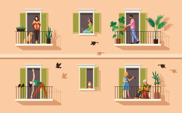 Vector illustration of Balcony with people. Persons communicate, relax, playing music and doing yoga on balconies, apartment building characters in flats covid-19 pandemic, stay home flat vector concept