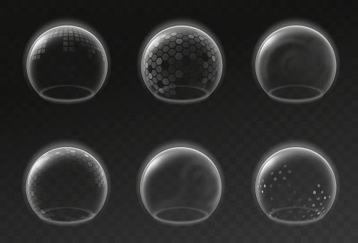 Force field. Bubble shields covid-19 security defense safety, energy barrier of immune mockup, realistic antiviral dome collection, protection environment, glowing transparent sphere 3d vector set