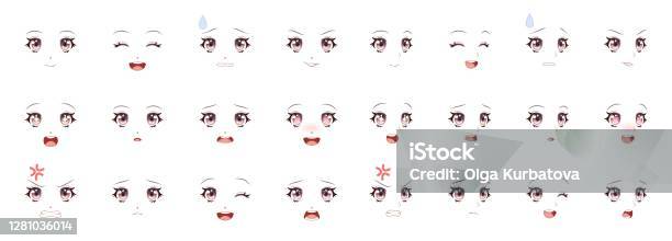Manga Expression. Girl Eyes, Mouth, Eyebrows Anime Woman Faces. Female  Character In Cartoon Japanese Or Korean Kawaii Style Various Emotions  Collection People Feelings Symbol Comic Vector Isolated Set Royalty Free  SVG, Cliparts